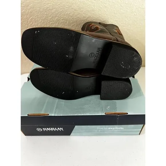 Magellan Outdoors Youth Western Cowboy Rodeo Boots Brown Embroidery Size 1M New - Picture 5 of 7